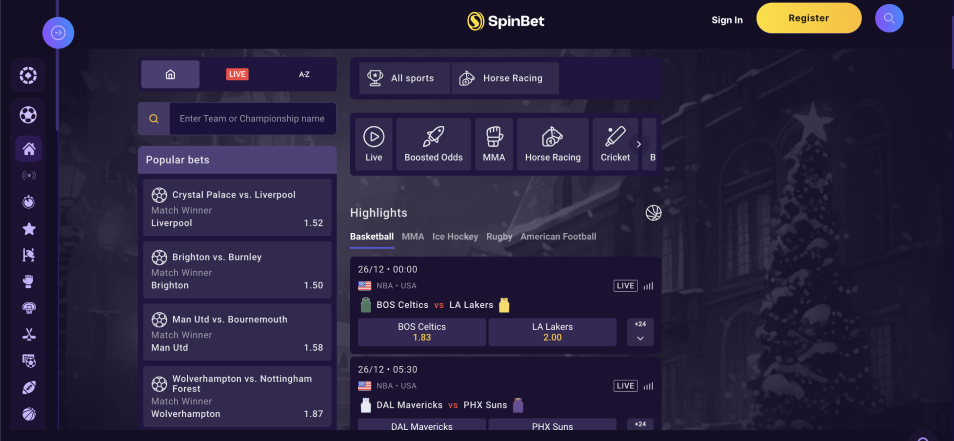 Spinbet Casino bonus interface showcasing promotional offers