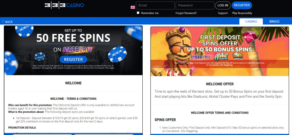 Iniciar sessió al Casino 333 Online