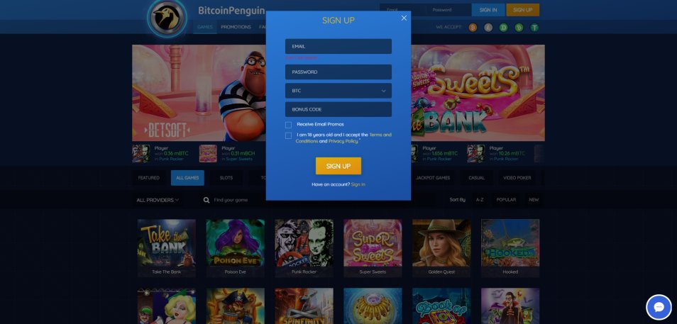 Iniciar sessió al Casino BitcoinPenguin