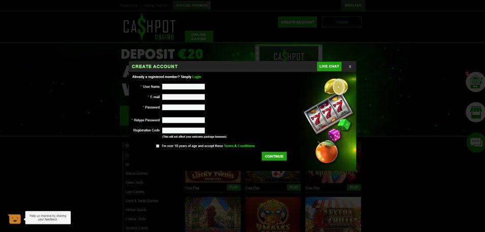 Inscrivez vous sur le casino Cashpot