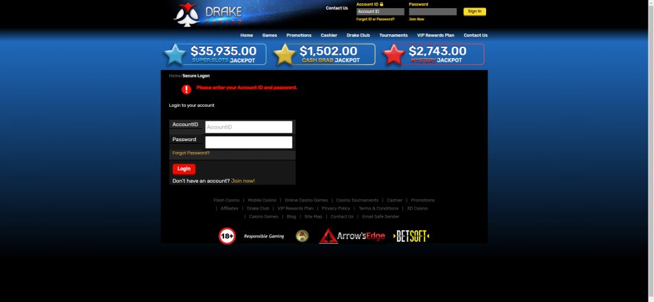 Iniciar sessió al Casino Drake Online