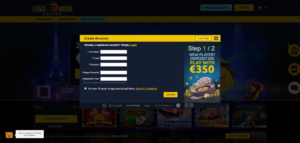 Regístrate en Euro Moon Casino