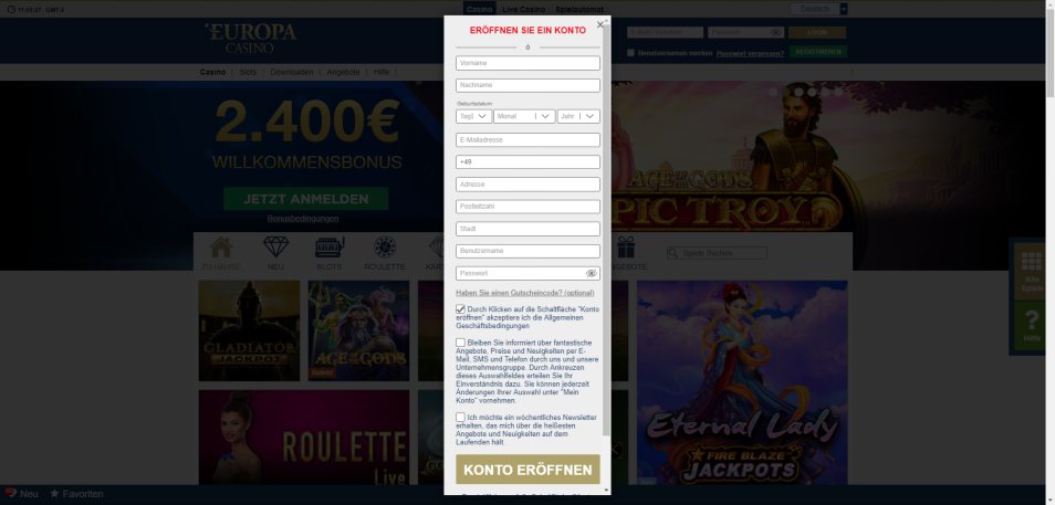 Inscrivez vous sur le casino Online Europa