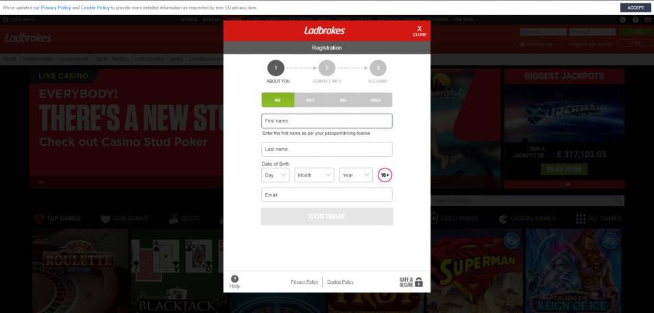 کسينو Ladbrokes Online که در ورود