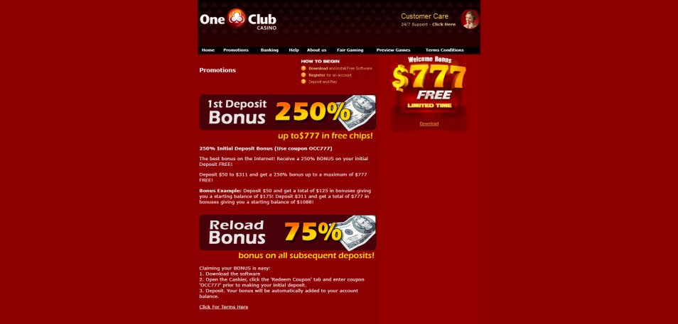 Get bonus One Club Casino