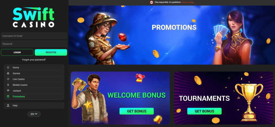 Swiftcasino 카지노에 로그인하세요.