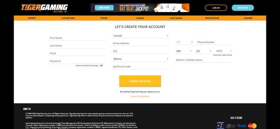 Regístrate en Tiger Gaming Casino