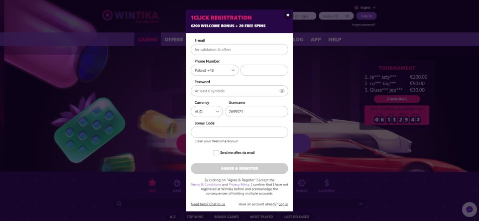 Regístrate en Wintika Casino